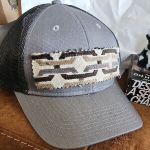 H016. Gray and Brown Trucker Hat with Patterned Patch
